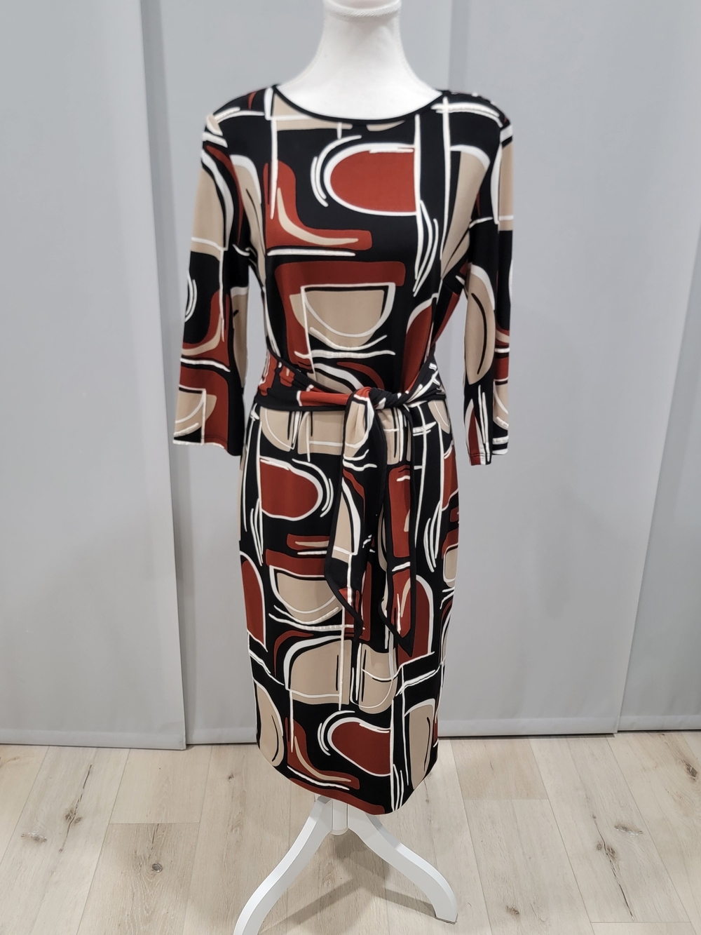 Abstract Geo Print Belted Midi Dress - Black, Rust & Cream